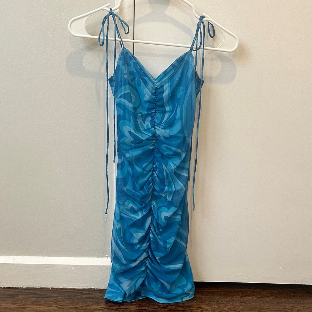 Blue Ruched Spaghetti Strap Dress